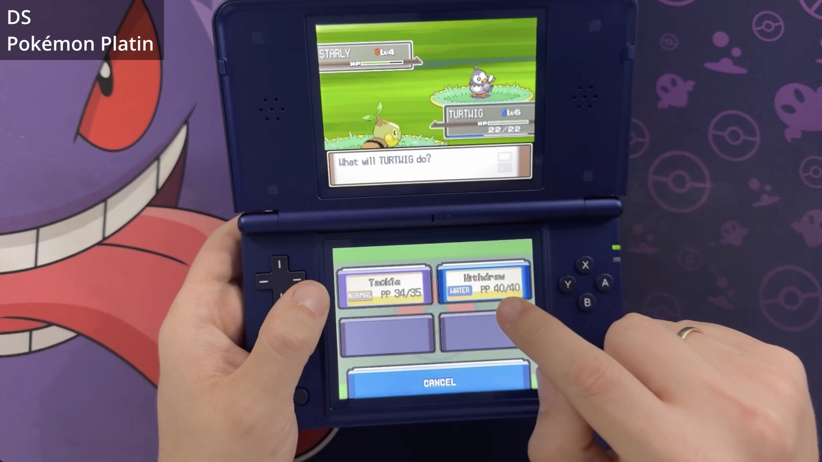 Pokémon Platin für Nintendo DS mit Kampf auf dem oberen und Touch-Menü auf dem unteren Display des Anbernic RG DS Plus.