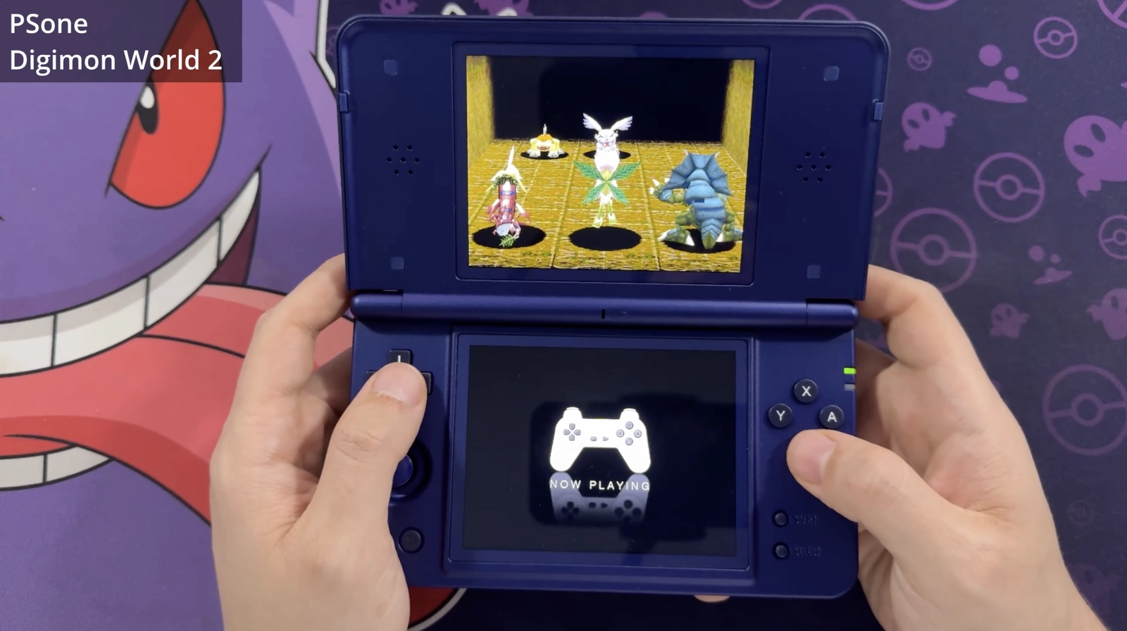 Ein Kampf in Digimon World 2 für PlayStation 1 auf dem Anbernic RG DS Plus.