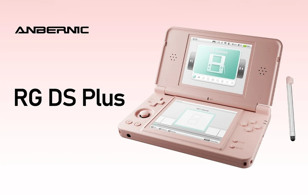 Anbernic RG DS Plus in Rosa mit zwei Displays und Stylus