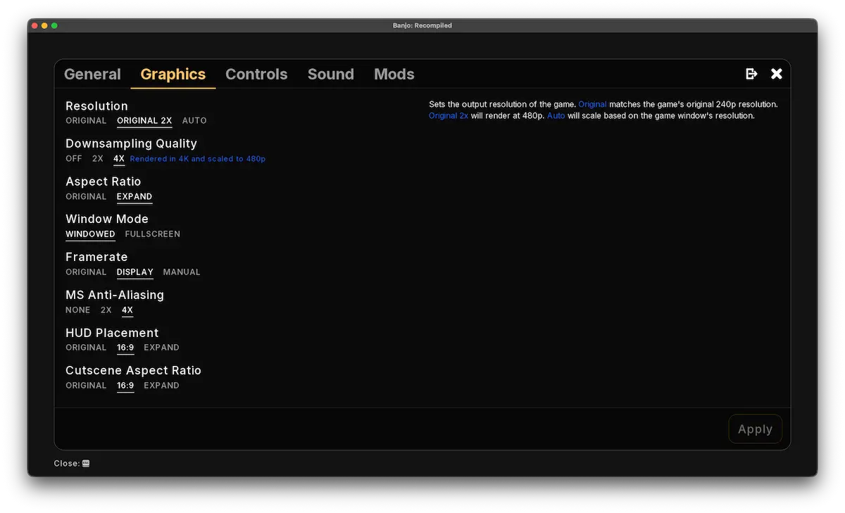 Grafik Settings von BanjoRecomp