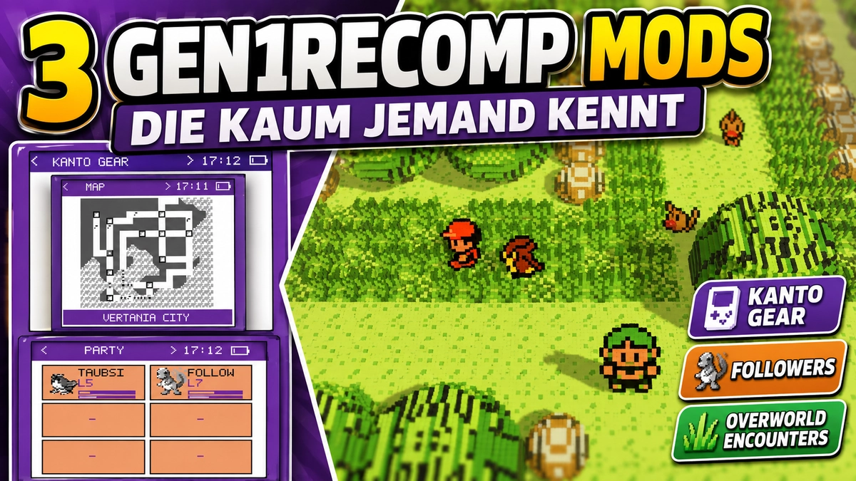 Thumbnail mit der Überschrift "3 gen1recomp Mods, die kaum jemand kennt". Links sind die Karten- und Teamansicht von Kanto Gear zu sehen, rechts eine 3D-Kanto-Route mit sichtbaren Pokémon, Begleiter und Overworld Encounters.