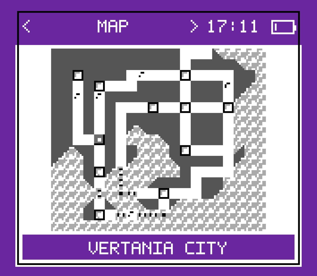 Kanto Gear zeigt eine monochrome Karte von Vertania City auf dem zweiten Bildschirm eines Android-Handhelds.
