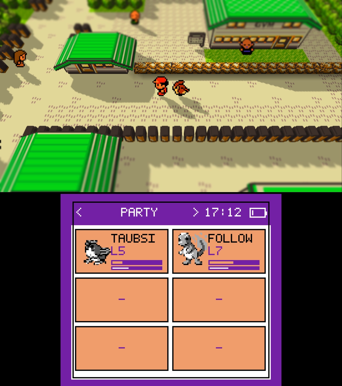 gen1recomp mit Kanto Gear: Oben läuft Pokémon in der 3D-Voxel-Ansicht, unten zeigt der zweite Bildschirm das aktuelle Team.
