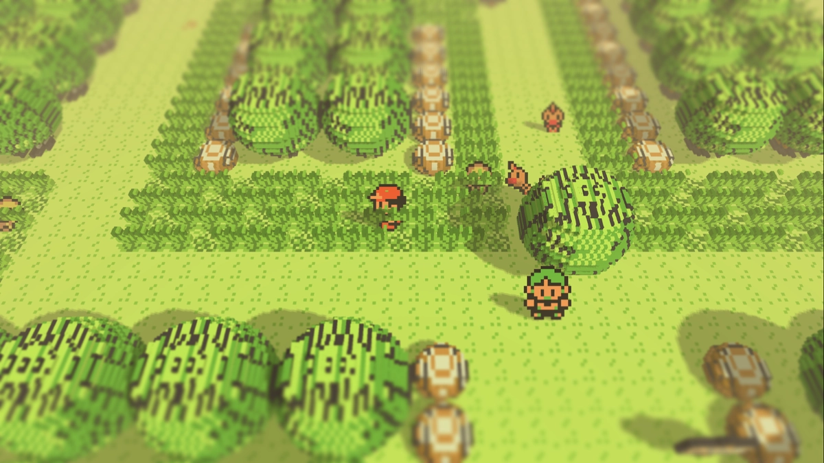 Overworld Encounters in gen1recomp zeigt mehrere wilde Pokémon sichtbar im hohen Gras einer dreidimensionalen Kanto-Route.
