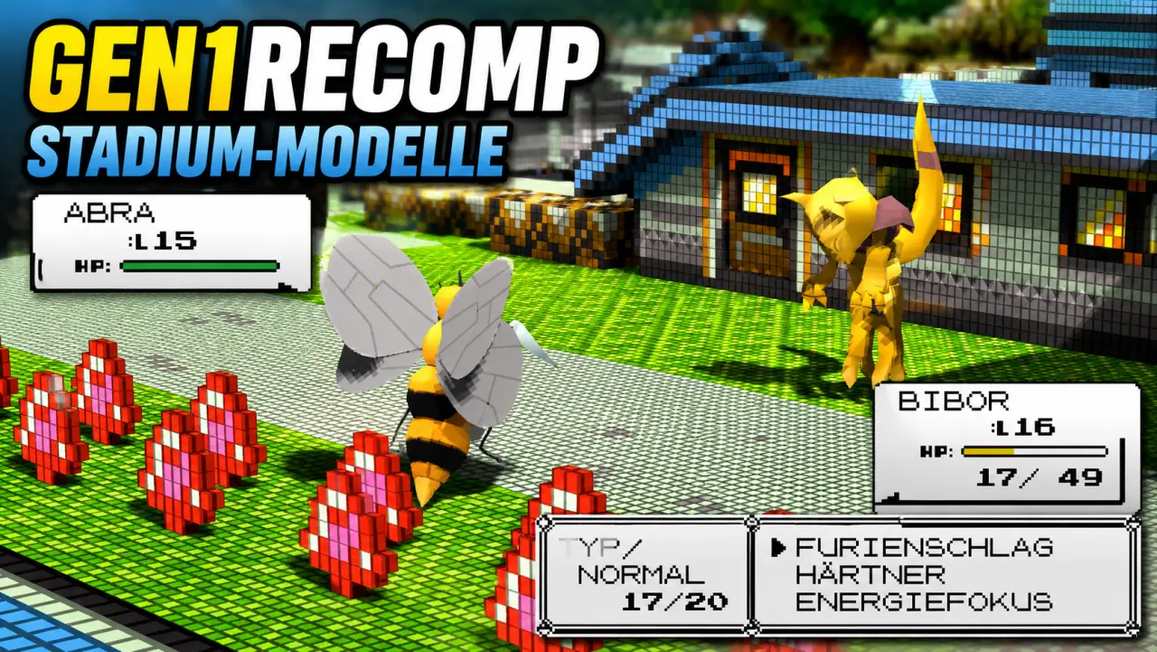 Gen1Recomp auf Android mit Pokémon-Stadium-Modellen: Bibor kämpft in einer 3D-Voxelwelt gegen Abra, daneben der Schriftzug "GEN1RECOMP STADIUM-MODELLE".