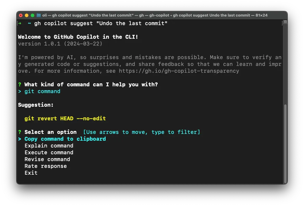 GitHub Copilot zeigt einen Git-Befehl an, den wir kopieren, ausführen, erklären lassen oder bewerten können.