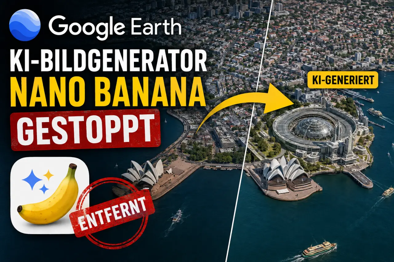 Google-Earth-Thumbnail mit geteiltem Luftbild von Sydney: links die reale Ansicht, rechts eine KI-generierte Version mit futuristischem Gebäude. Text: "KI-Bildgenerator Nano Banana gestoppt".