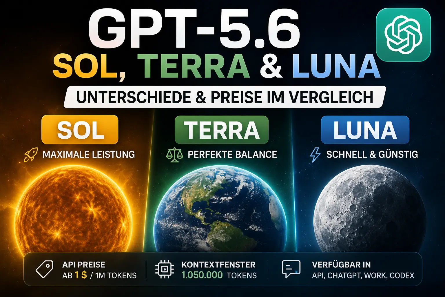 GPT-5.6 Sol, Terra und Luna im Vergleich: Unterschiede und Preise