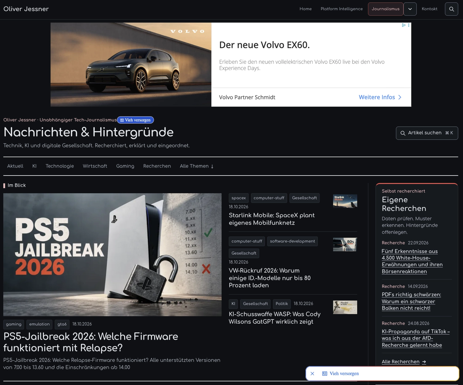 Neues News-Layout von oliverjessner.at mit der Überschrift Nachrichten und Hintergründe, hervorgehobenem Hauptartikel, kompakten Meldungen, Themennavigation und einer Seitenleiste für eigene Recherchen