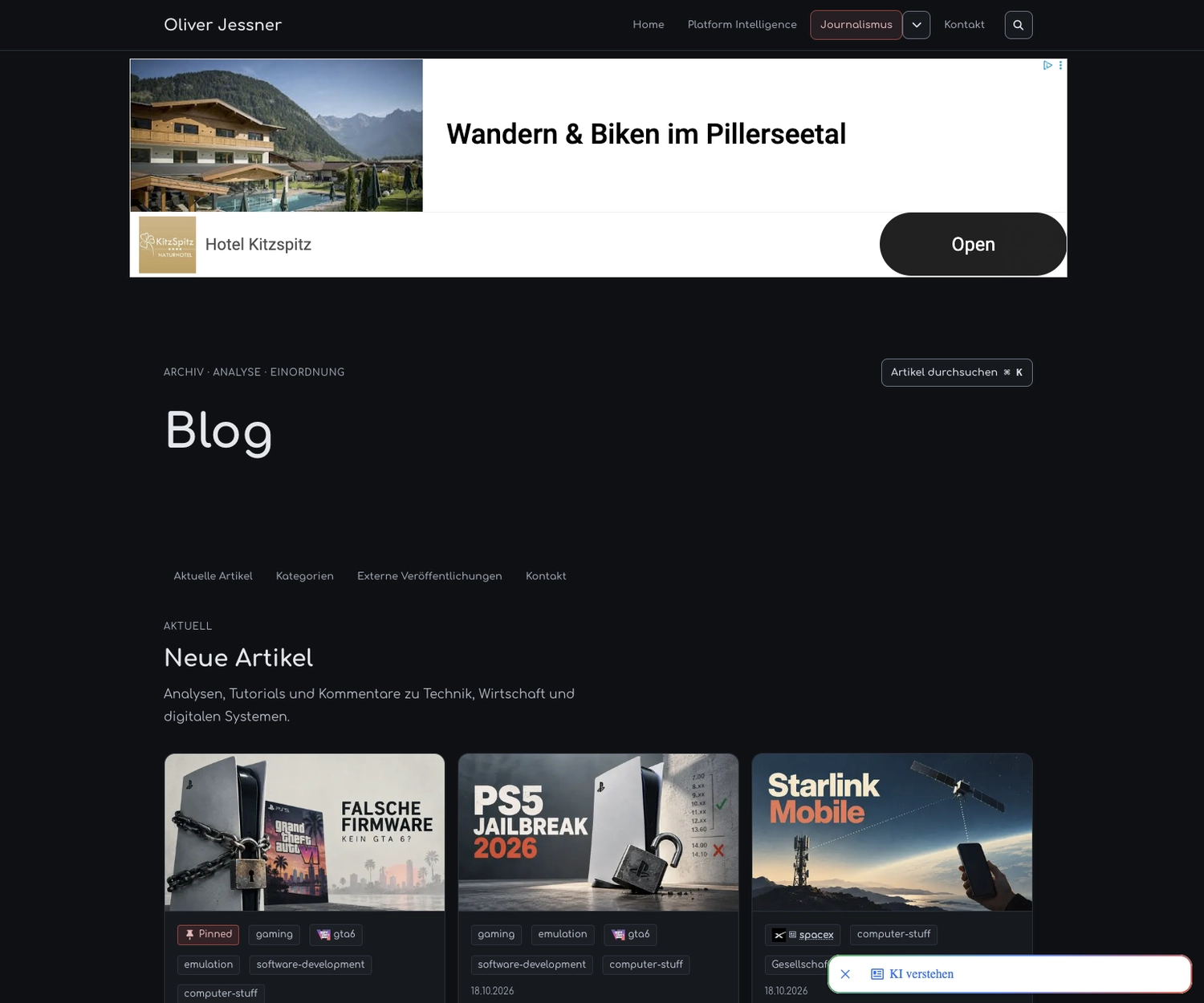 Altes Blog-Layout von oliverjessner.at mit großem Seitentitel, großzügigen Abständen und einer dreispaltigen Artikelübersicht