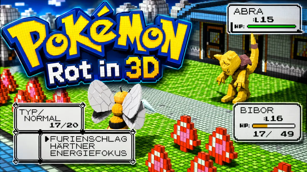 Thumbnail zu Pokémon Rot in 3D: Eine voxelartige Kampfszene zeigt Bibor im Vordergrund und Abra im Hintergrund vor einer pixeligen Stadtkulisse. Darüber steht groß der Schriftzug Pokémon Rot in 3D