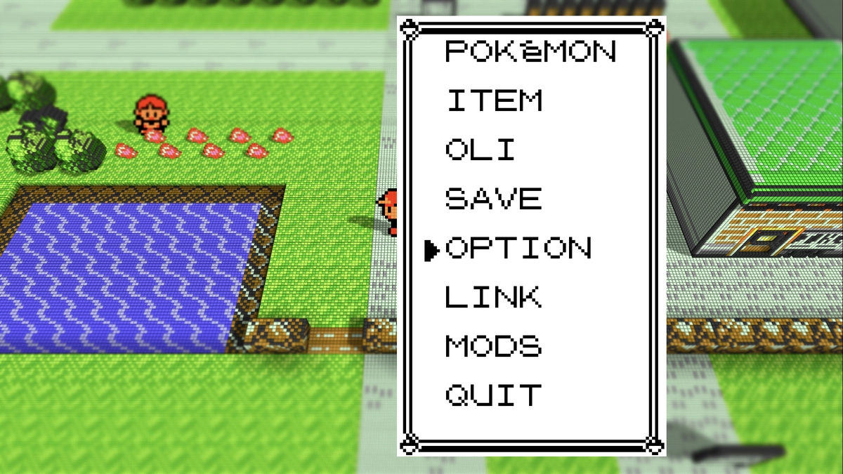 Optionsmenü von Pokémon Rot mit Einstellungen für Voxel, V-Curve und 3D-Kämpfe