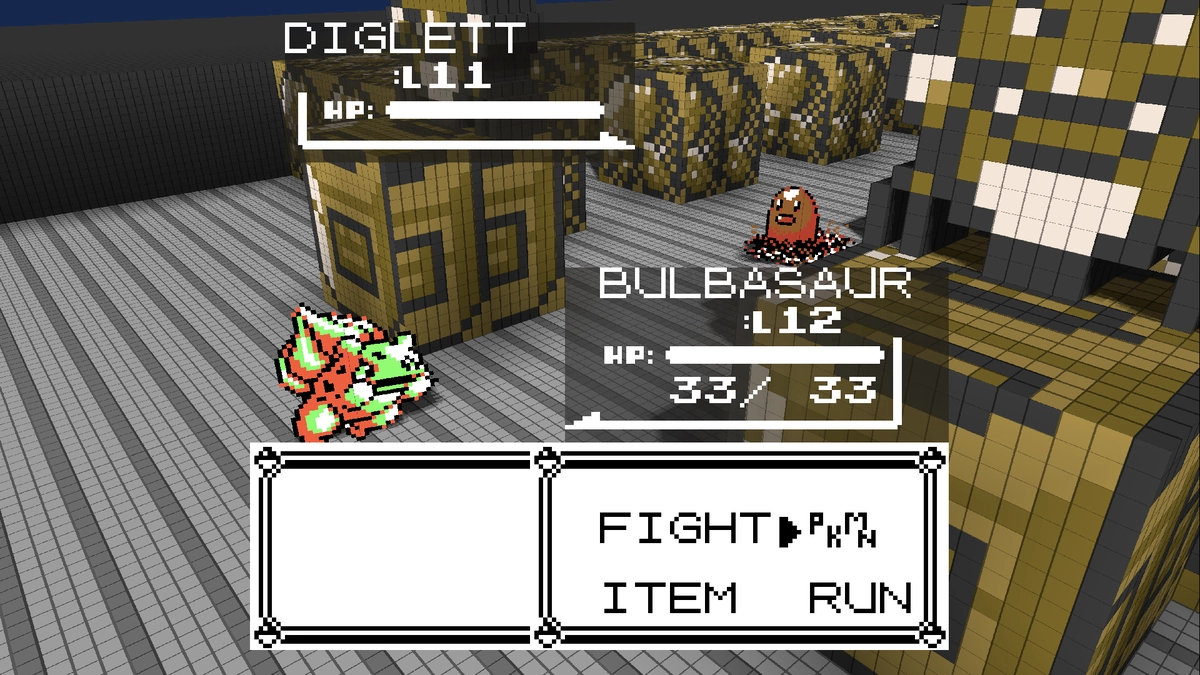 Voxel-Kampf in Pokémon Rot: Bisasam tritt in einer 3D-Höhle gegen Diglett an, während das klassische Kampfmenü eingeblendet ist.