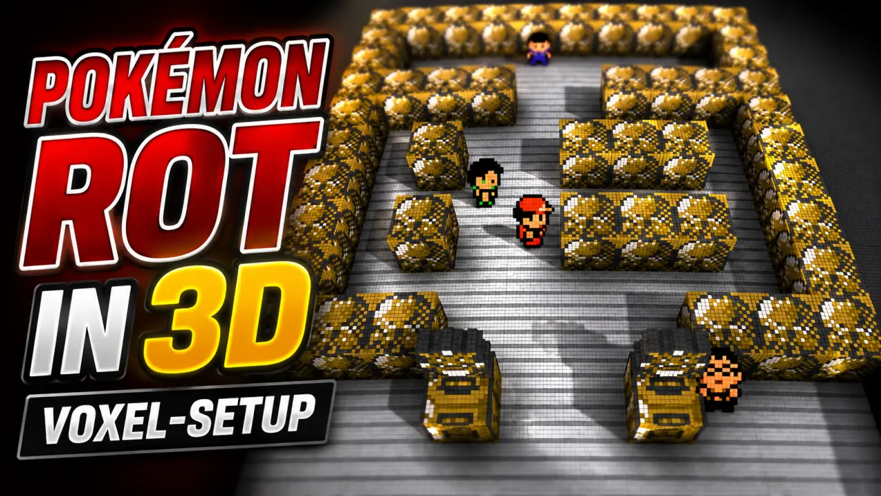 Pokémon Rot in 3D als Voxel-Diorama in Rockos Arena mit Spielfigur und dem Schriftzug "Pokémon Rot in 3D – Voxel-Setup"