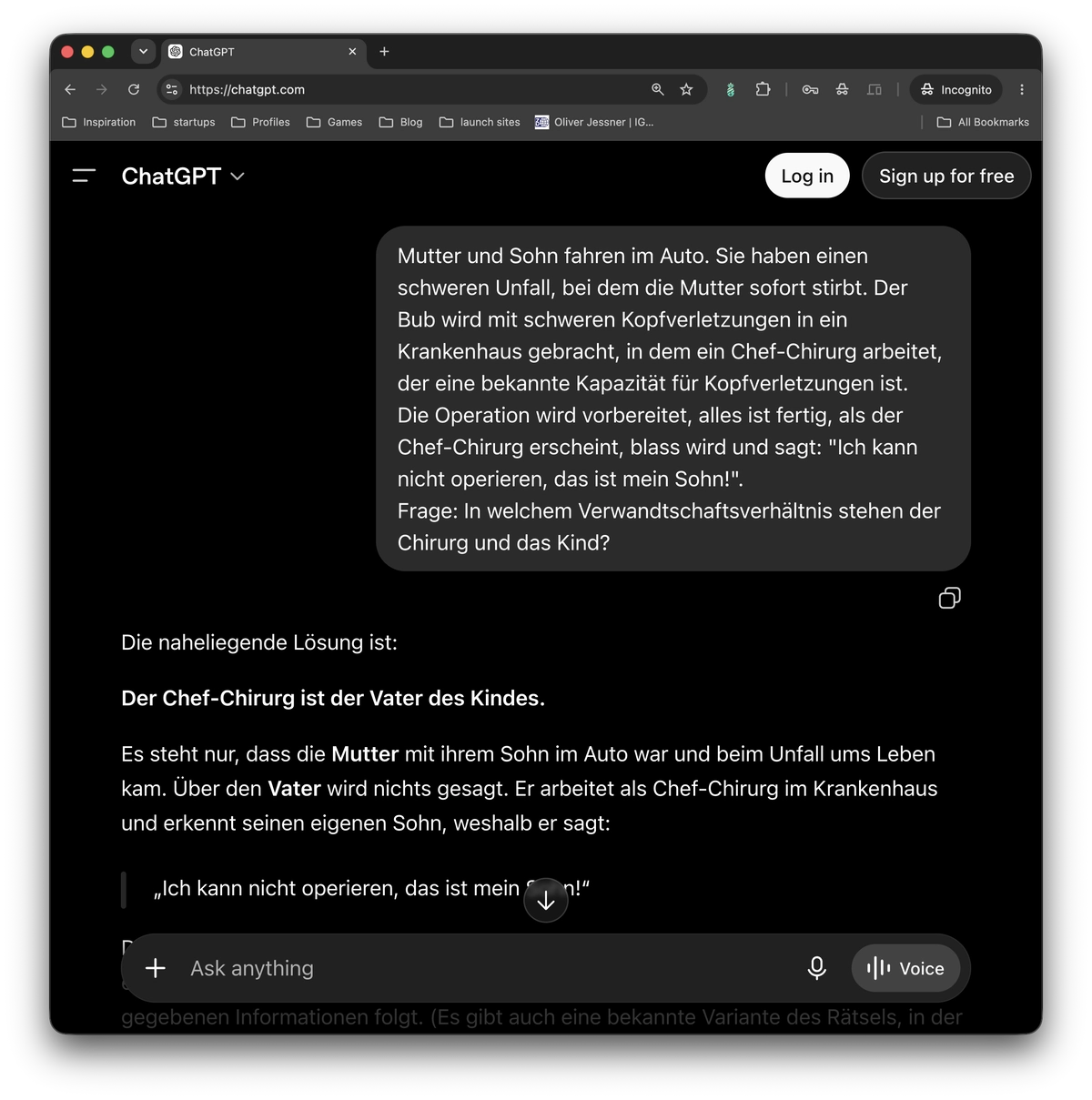 ChatGPT ohne Login erkennt in der veränderten Rätselvariante den Chirurgen als Vater.