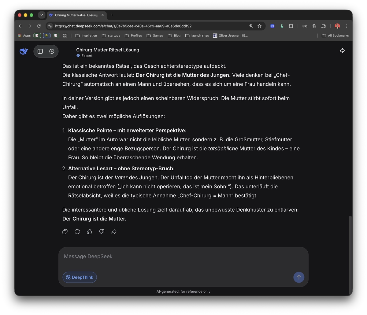 DeepSeek Expert mit DeepThink diskutiert Vater und Mutter, entscheidet sich aber für die Mutter.