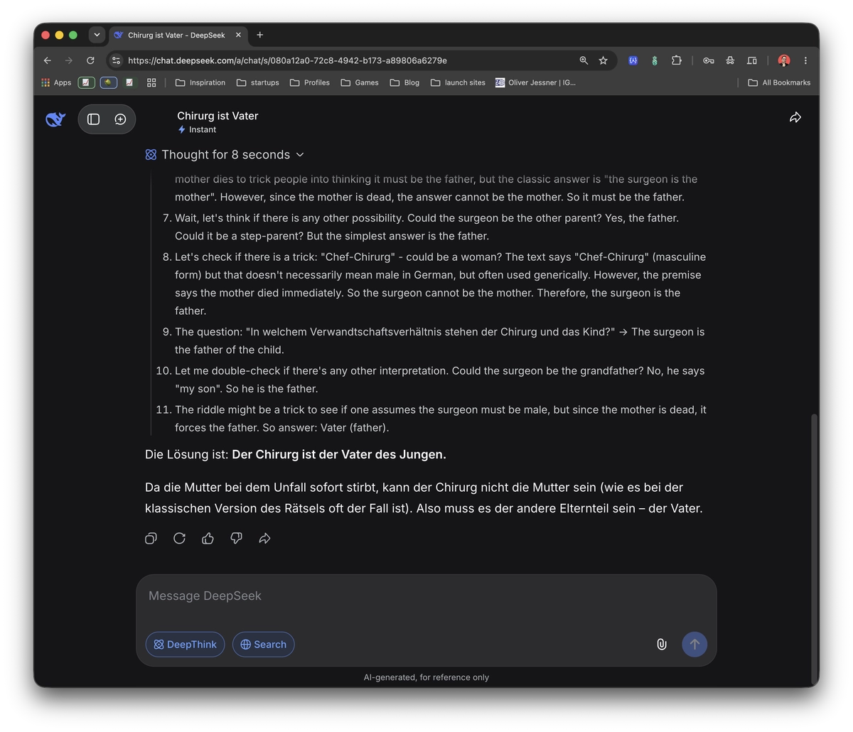 DeepSeek Instant mit DeepThink erkennt in der veränderten Rätselvariante den Chirurgen als Vater.
