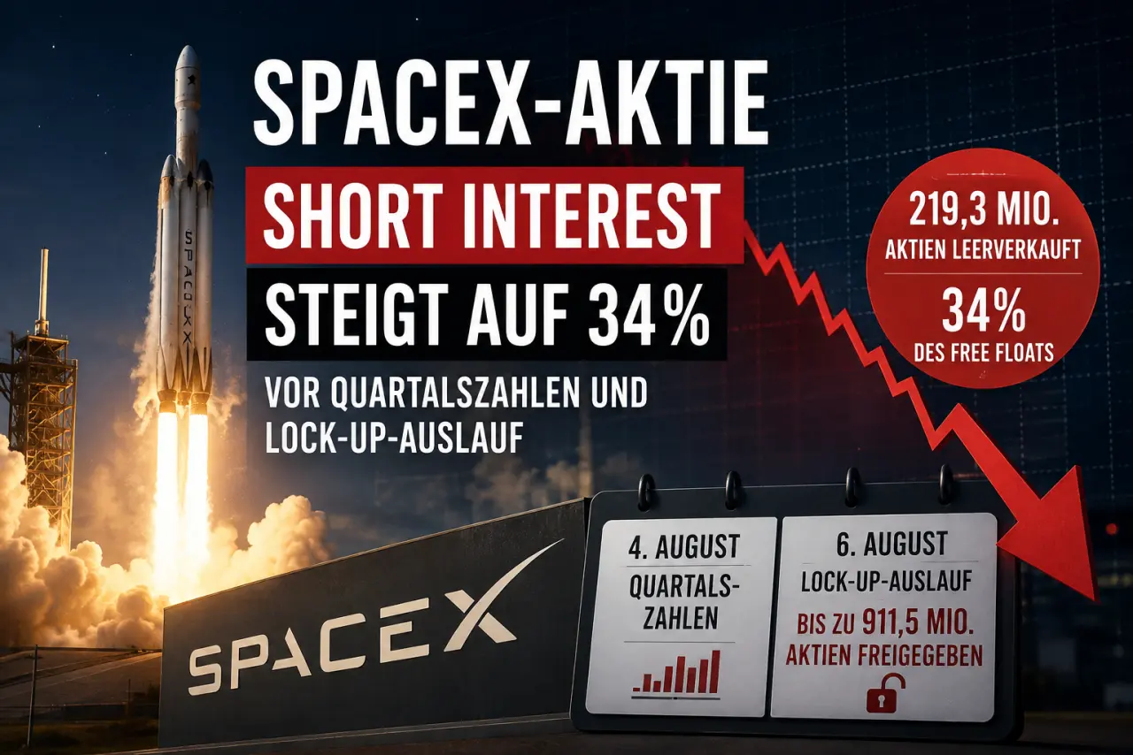 Startende SpaceX-Rakete vor fallendem Börsenchart mit Hinweis auf 34 Prozent Short Interest, Quartalszahlen am 4. August und Lock-up-Ablauf am 6. August.