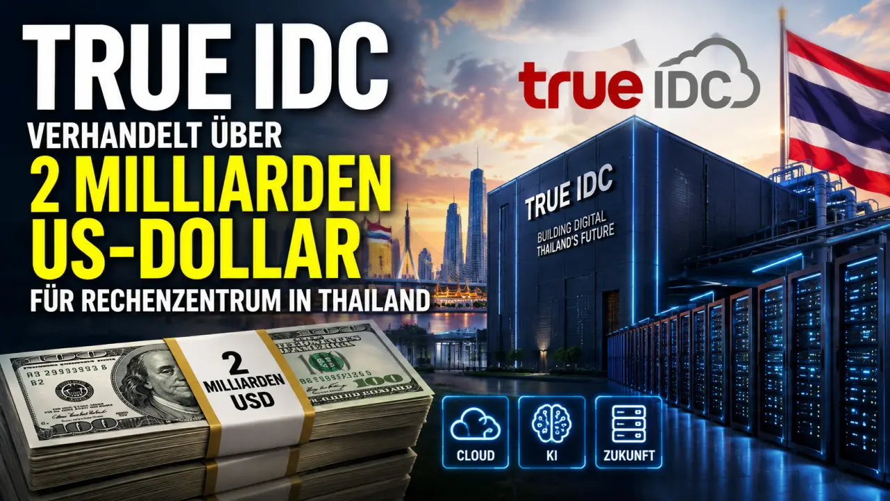 True-IDC-Rechenzentrum mit Serverracks, thailändischer Flagge und Geldstapeln vor Bangkoks Skyline, ergänzt um den Hinweis auf einen geplanten 2-Milliarden-US-Dollar-Kredit.