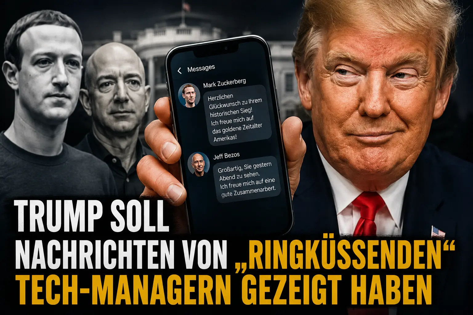 Donald Trump und Elon Musk vor Porträts von Mark Zuckerberg und Jeff Bezos