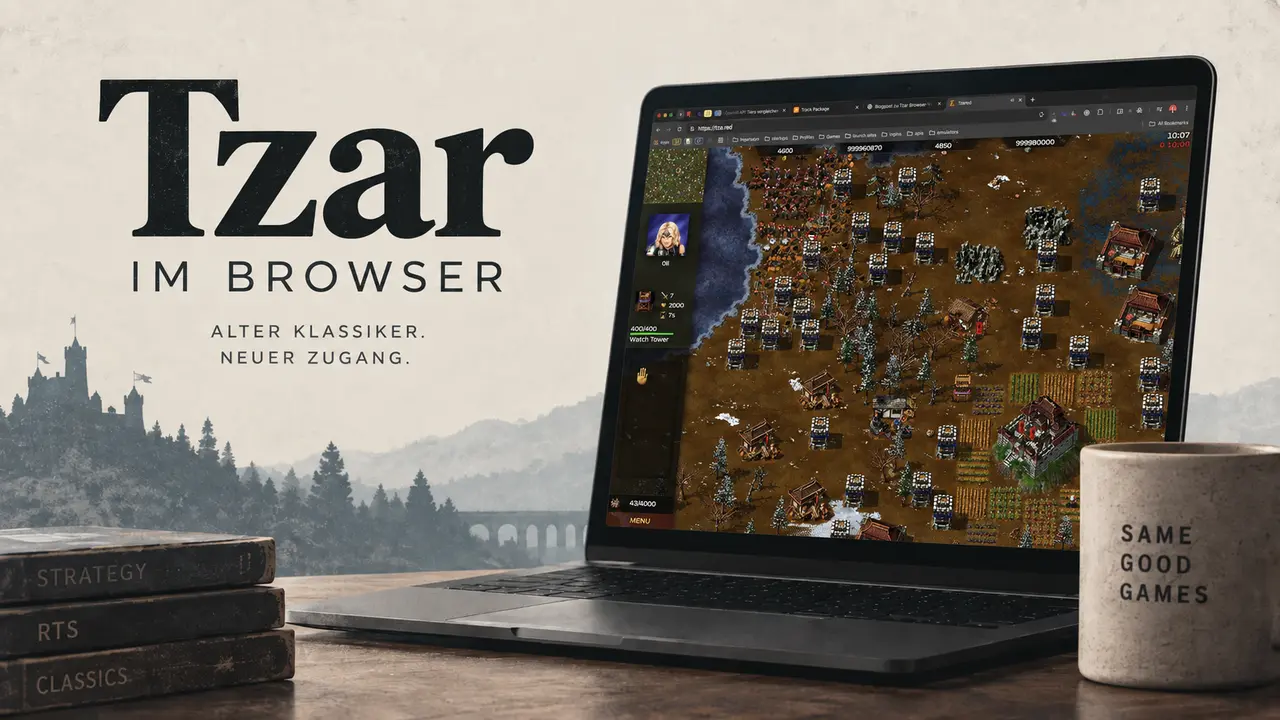 Weit herausgezoomte Ansicht einer Tzared-Partie im Browser mit einer Basis, einer großen Armee, Seen und Schneeflächen.