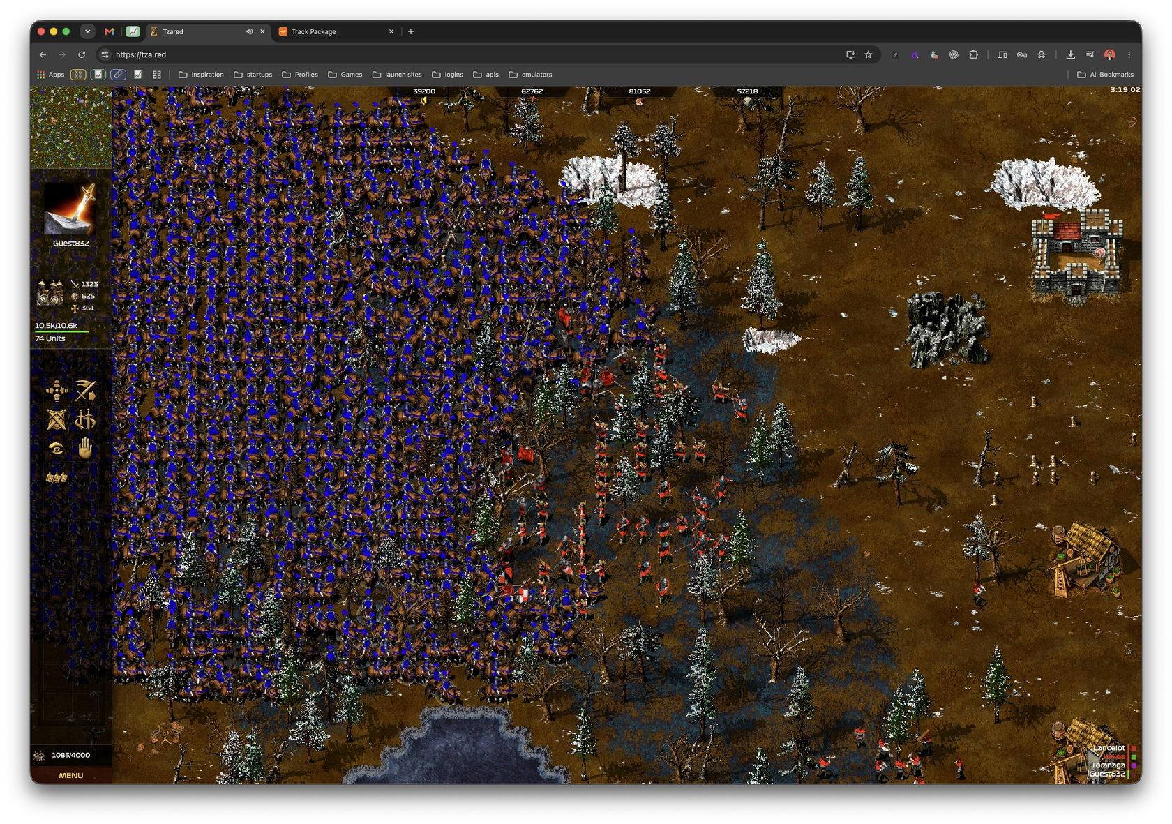 Eine große Armee blau markierter Ritter trifft in Tzared auf rot markierte Einheiten.