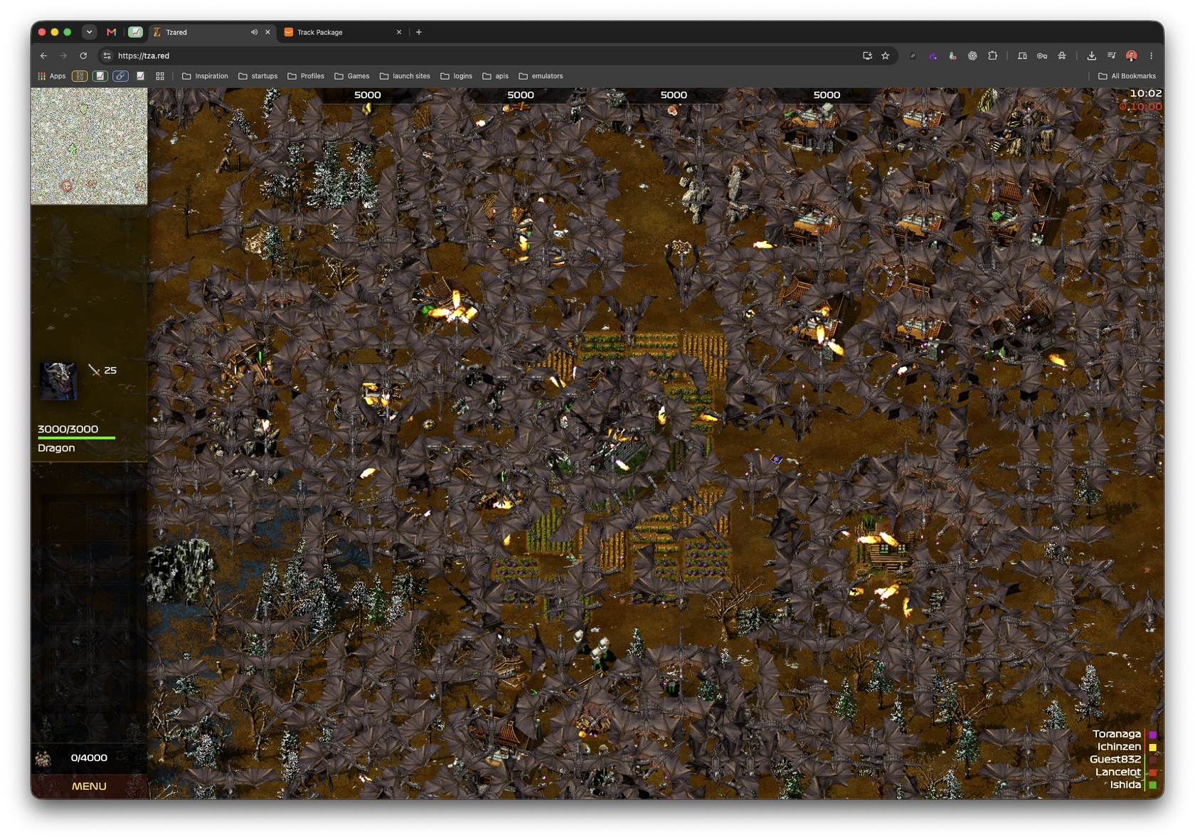 Zahlreiche Drachen bedecken in Tzared fast die gesamte sichtbare Karte mit Gebäuden und Feldern.