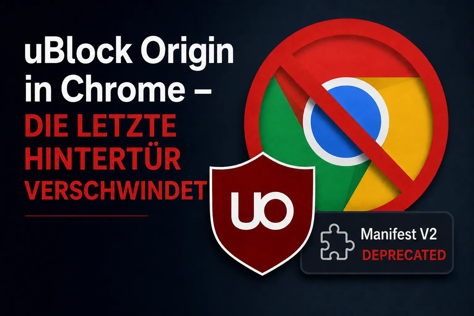 uBlock Origin Werbeblocker in Chrome nicht mehr verfügbar - Manifest V3 Ende: UO Shield vor durchgestrichenem Chrome-Logo