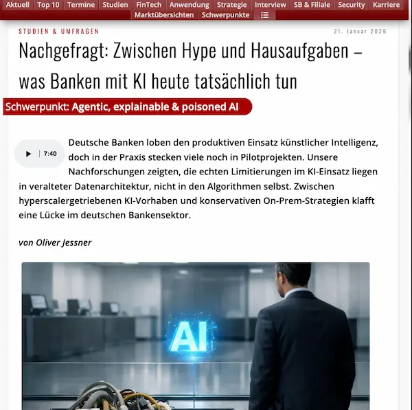 IT-Finanzmagazin-Artikel von Oliver Jessner: Was Banken mit KI heute tatsächlich tun – zwischen Hype und Hausaufgaben
