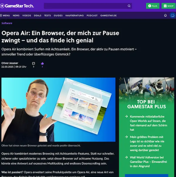 GameStar-Artikel von Oliver Jessner: Opera Air im Test – Browser mit Pause-Funktion und Fokus auf Achtsamkeit