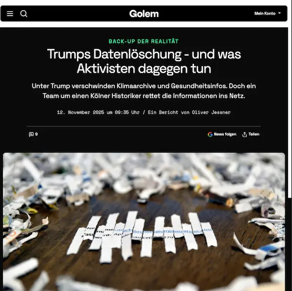 Golem-Artikel von Oliver Jessner über Trumps Datenlöschung und Aktivisten, die Regierungsdaten archivieren