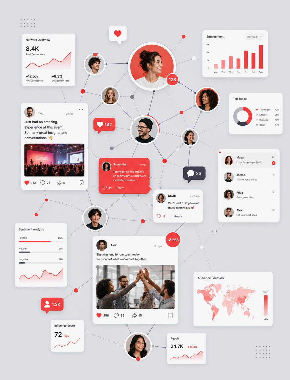 Visualisierung eines vernetzten Plattform-Ökosystems mit Reichweiten-, Engagement- und Sentiment-Signalen