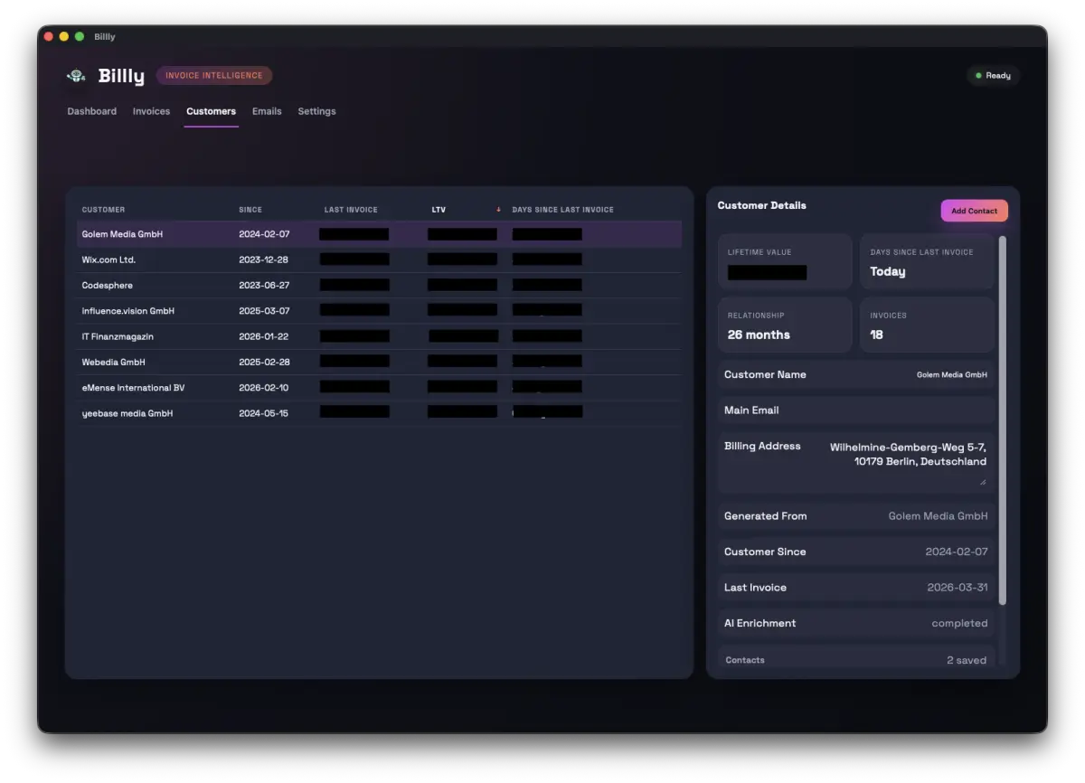 Billly customer CRM with invoice-based contact context