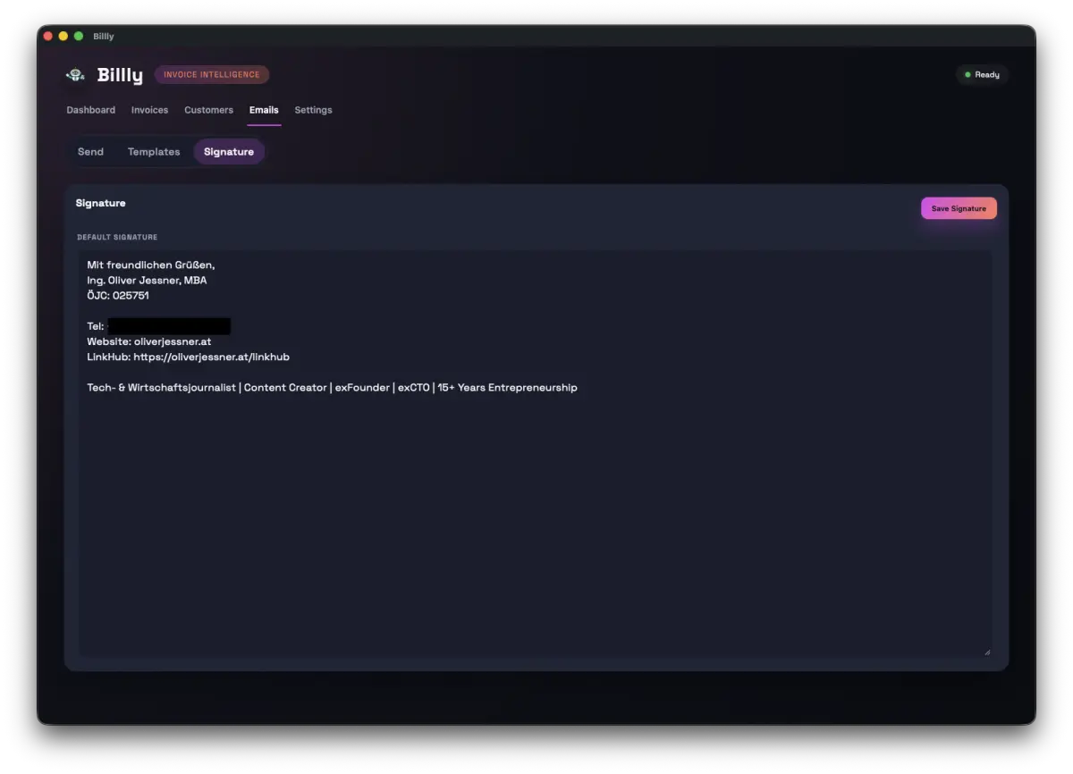 Billly email signature and sender placeholder settings