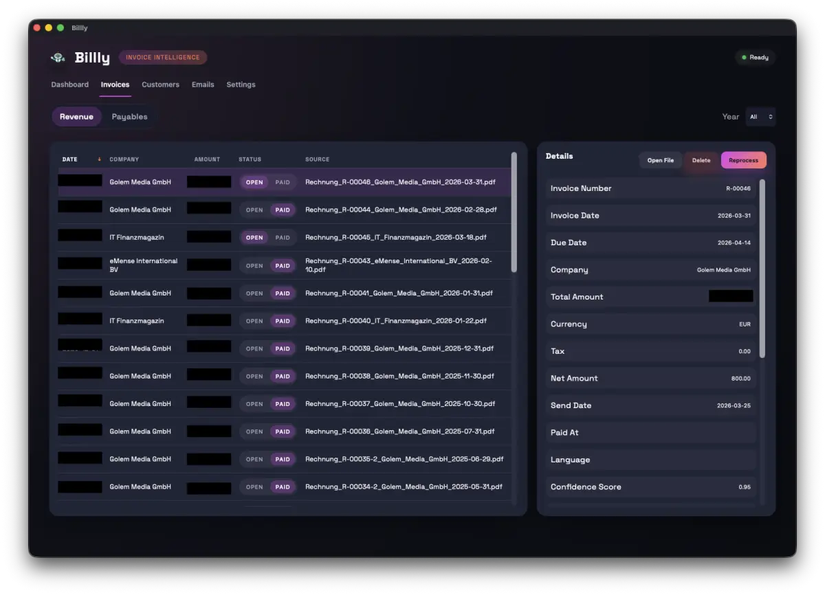 Billly invoices view with extracted document details