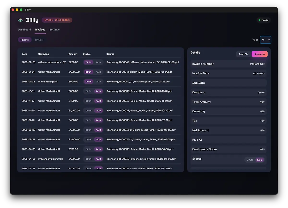 Billly dashboard mockup