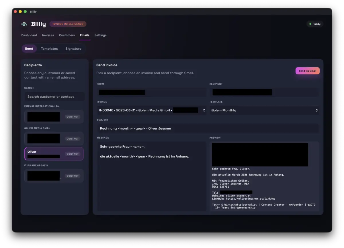 Billly Gmail email sending screen