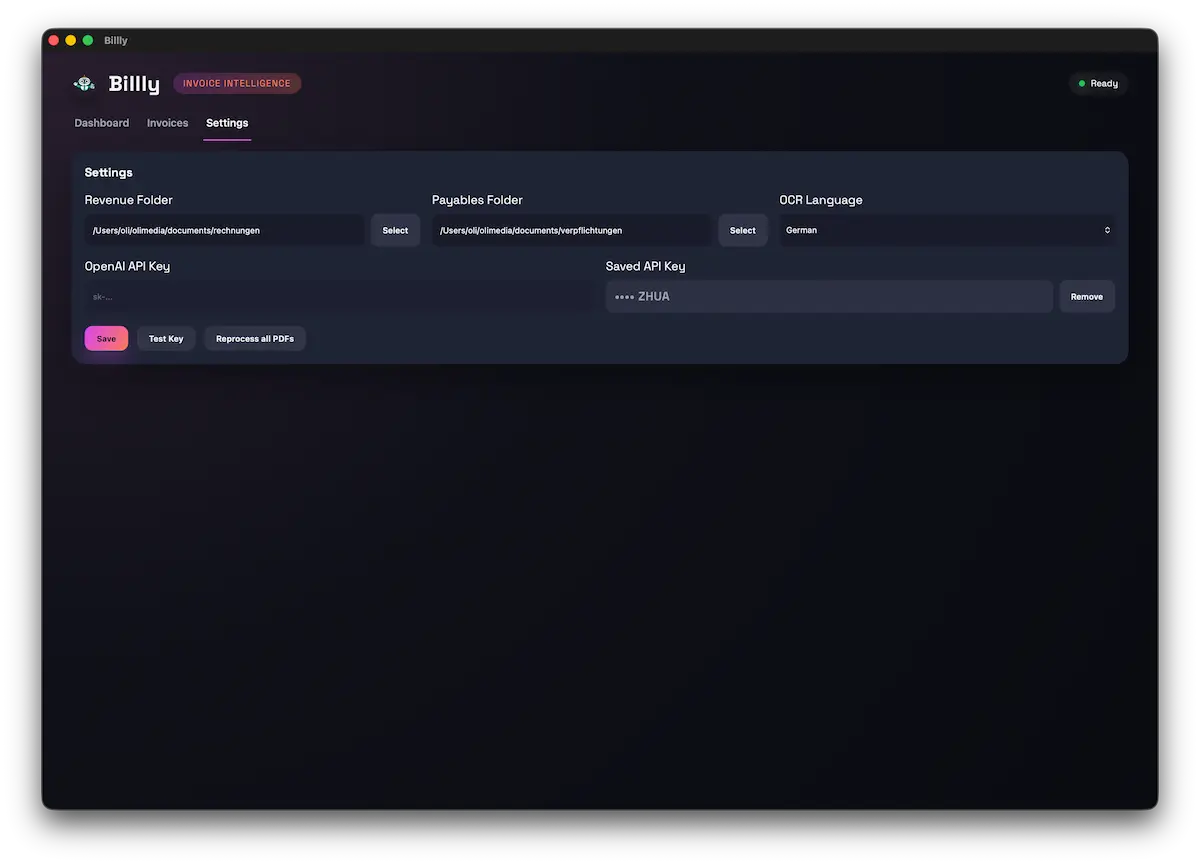 Billly settings screen
