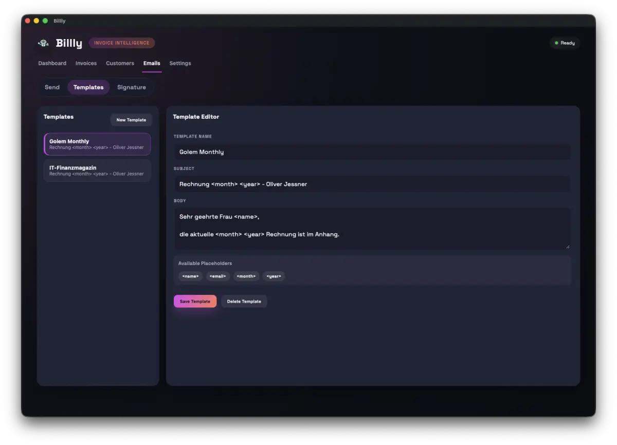 Billly custom email templates with placeholders