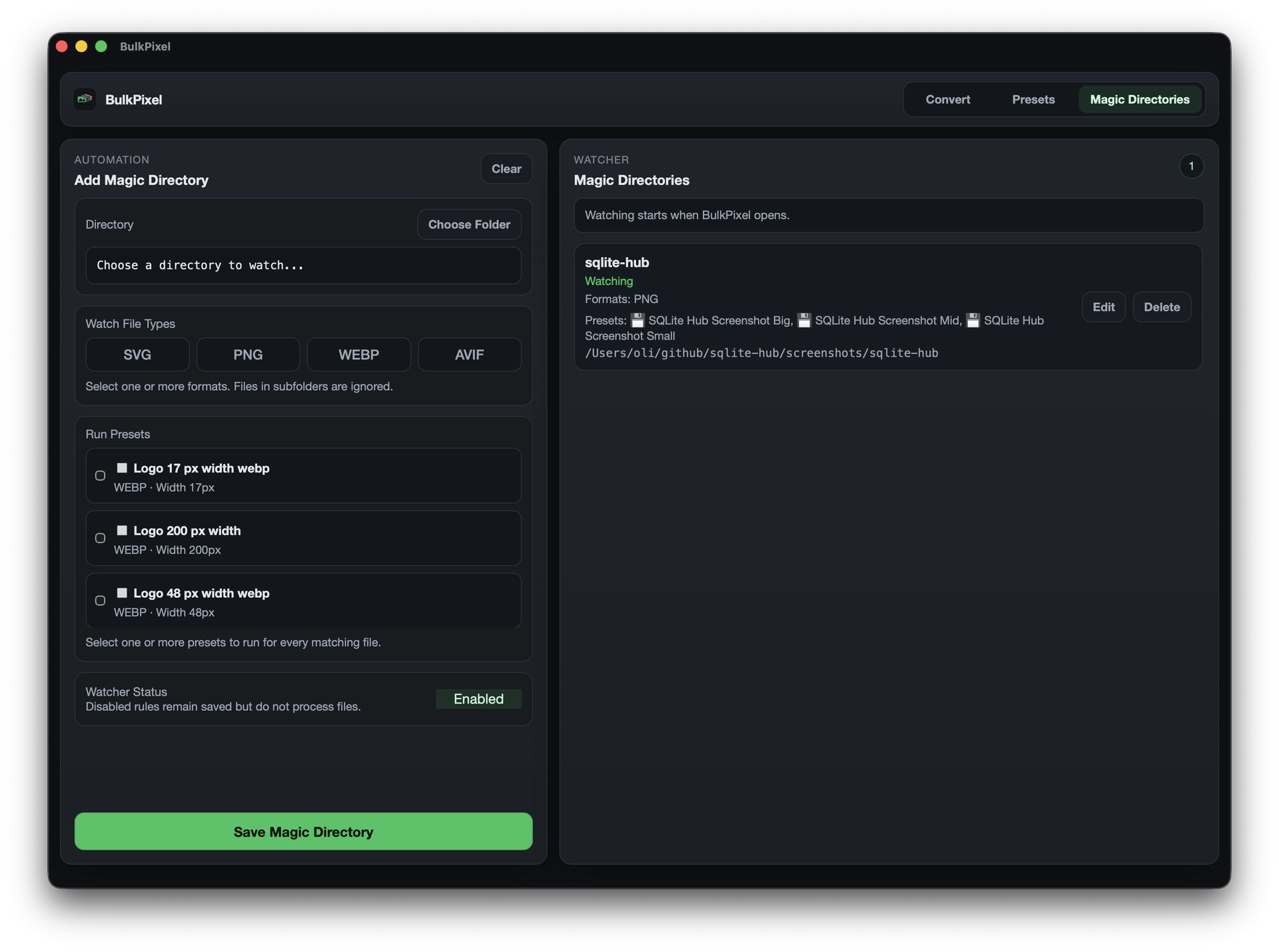BulkPixel Magic Directories interface for watching folders and automatically running presets