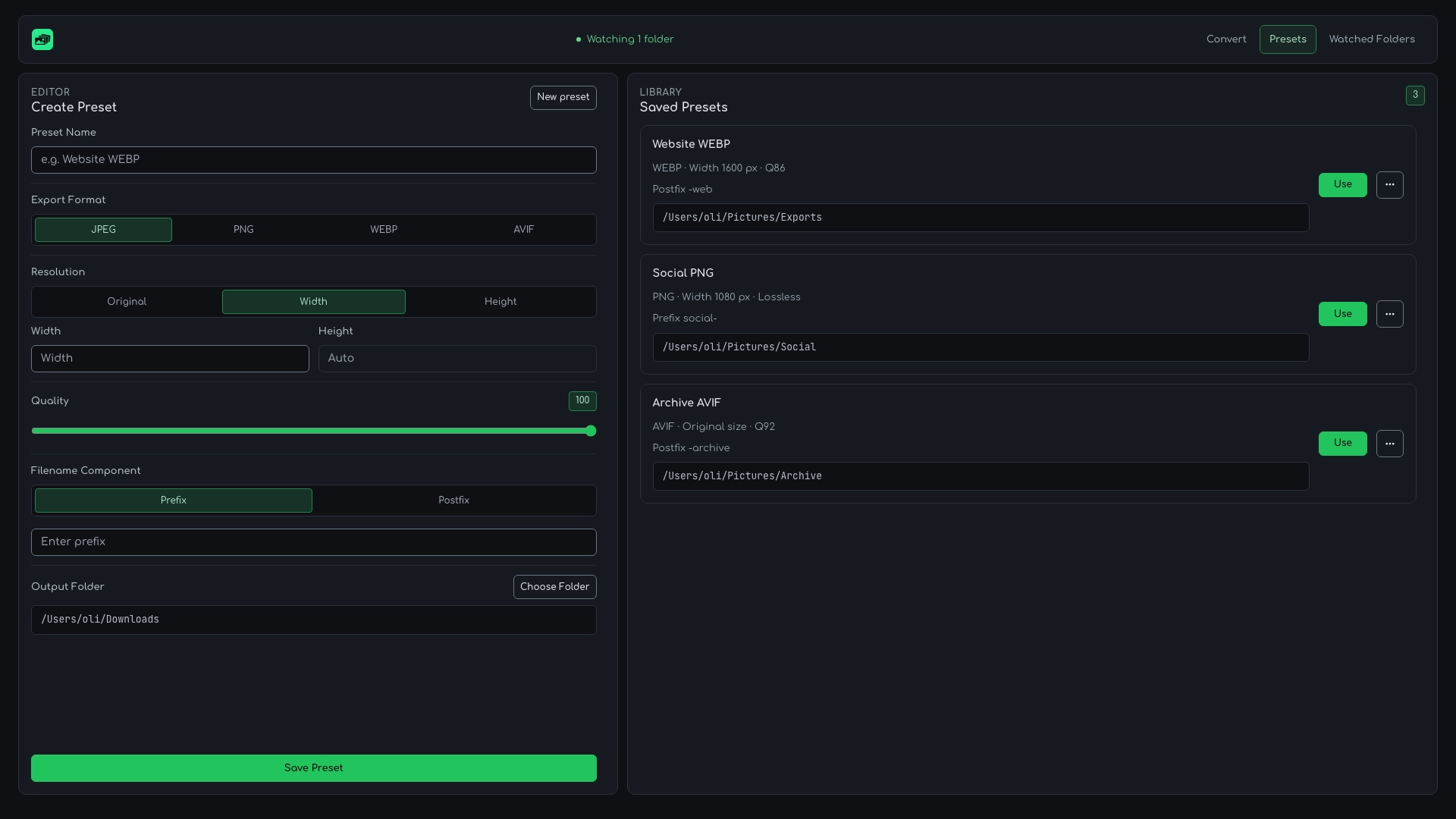 BulkPixel Presets interface with reusable image format, size, quality, naming, and output settings