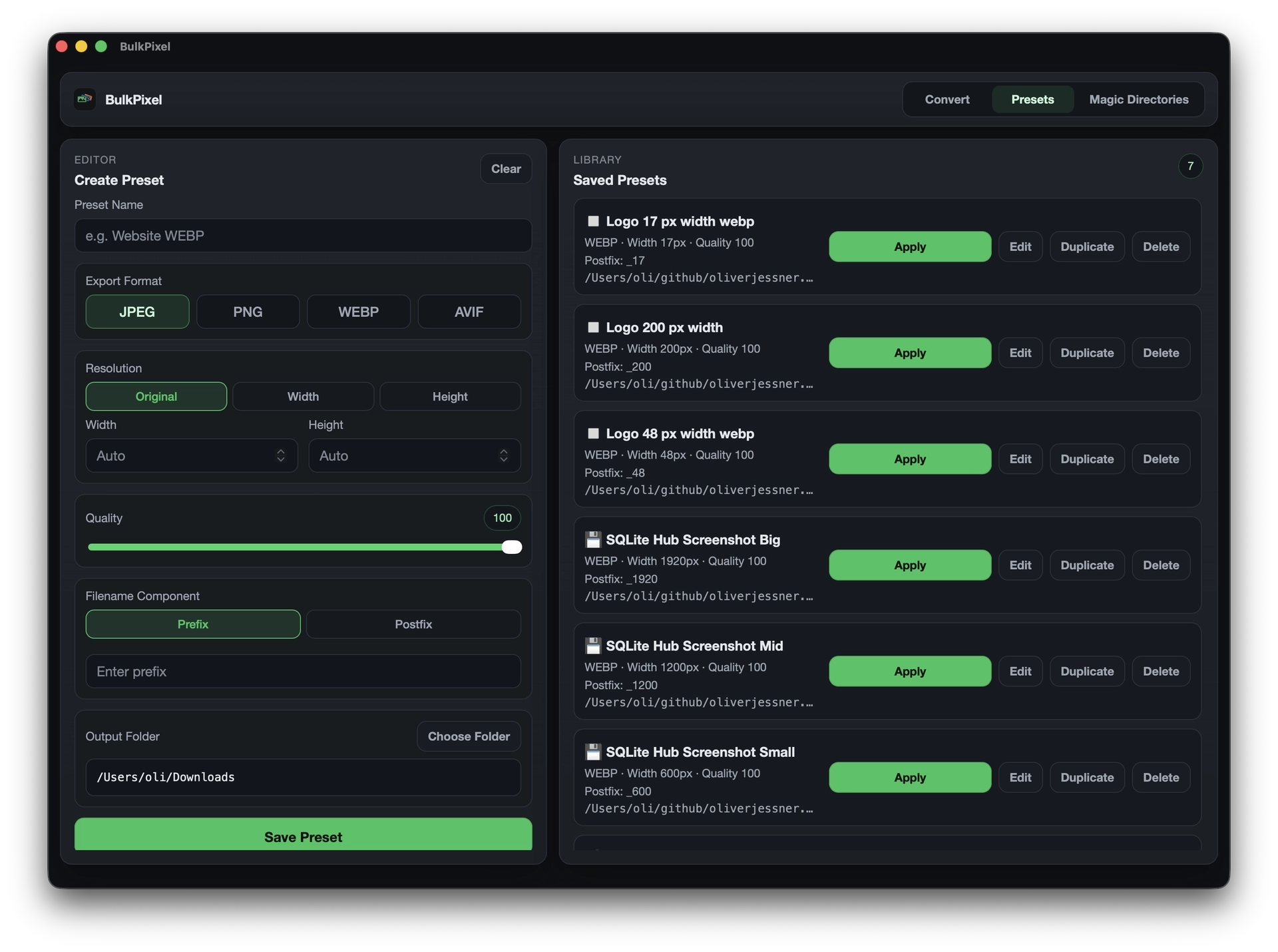 BulkPixel presets interface with saved export settings