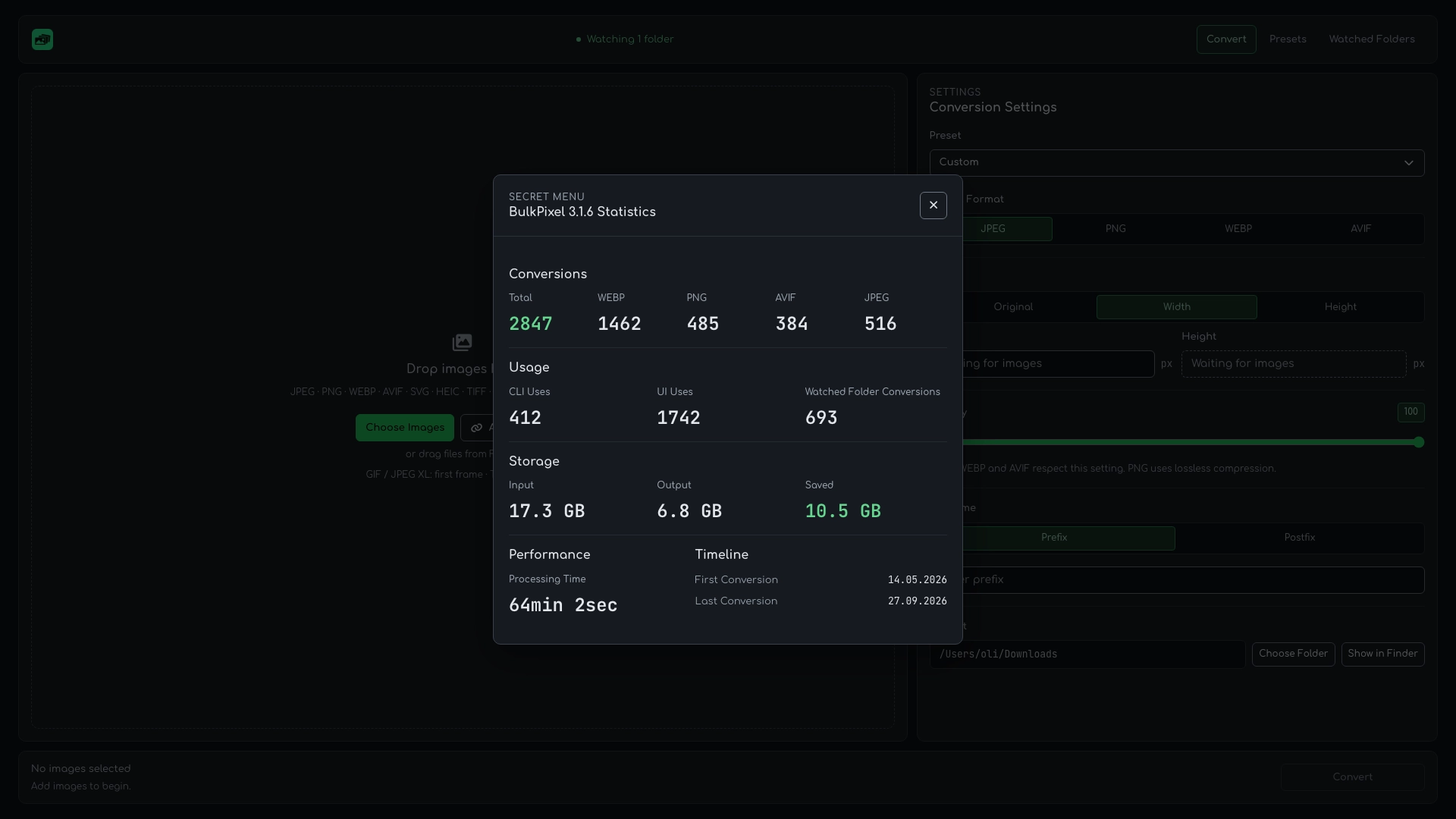 BulkPixel statistics panel showing conversions, storage savings, processing time, and timeline