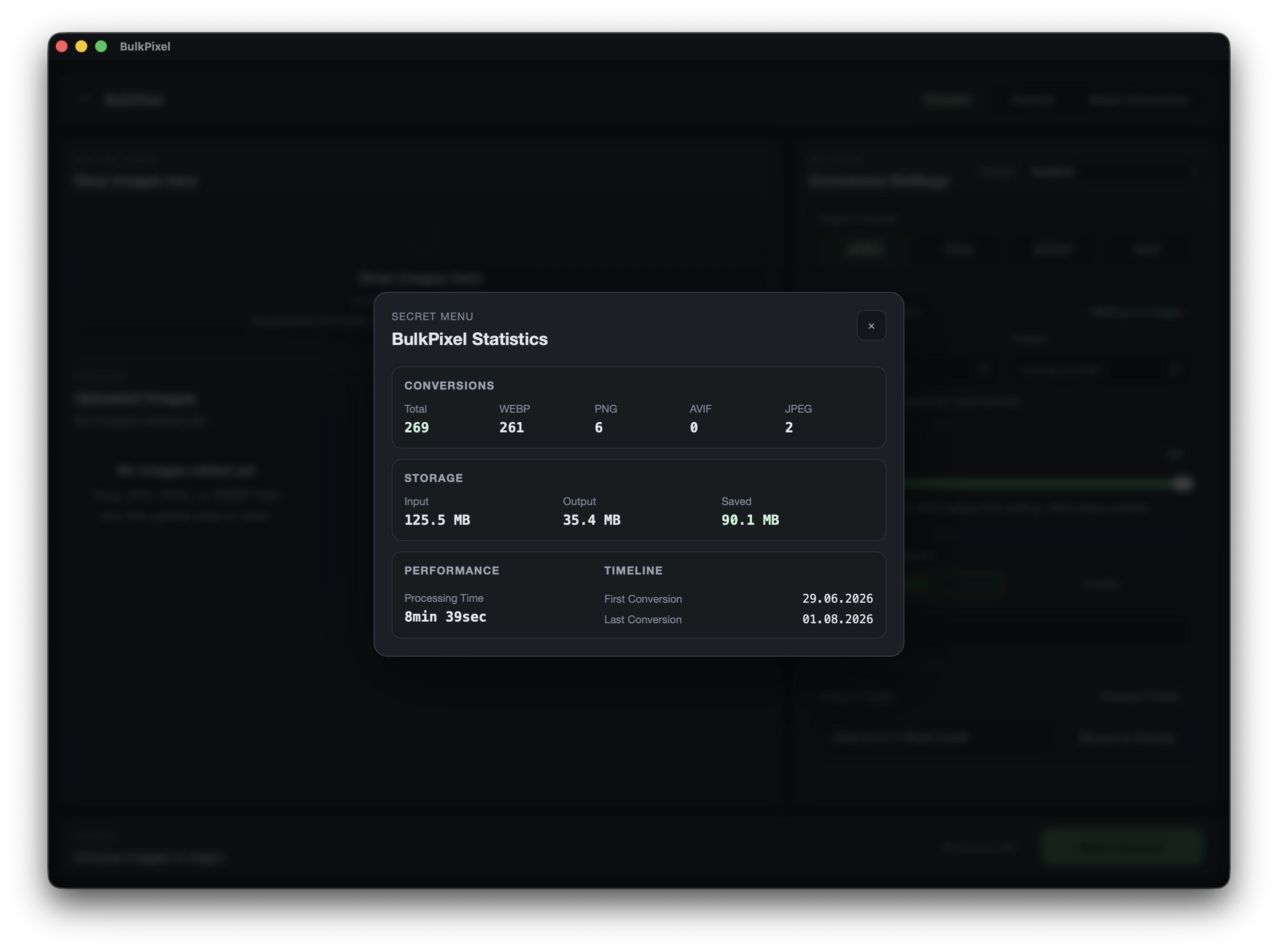 BulkPixel statistics panel showing conversions, storage savings, processing time, and timeline