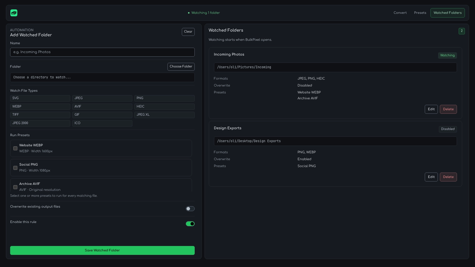 BulkPixel Watched Folders interface for automatically processing new images with Presets