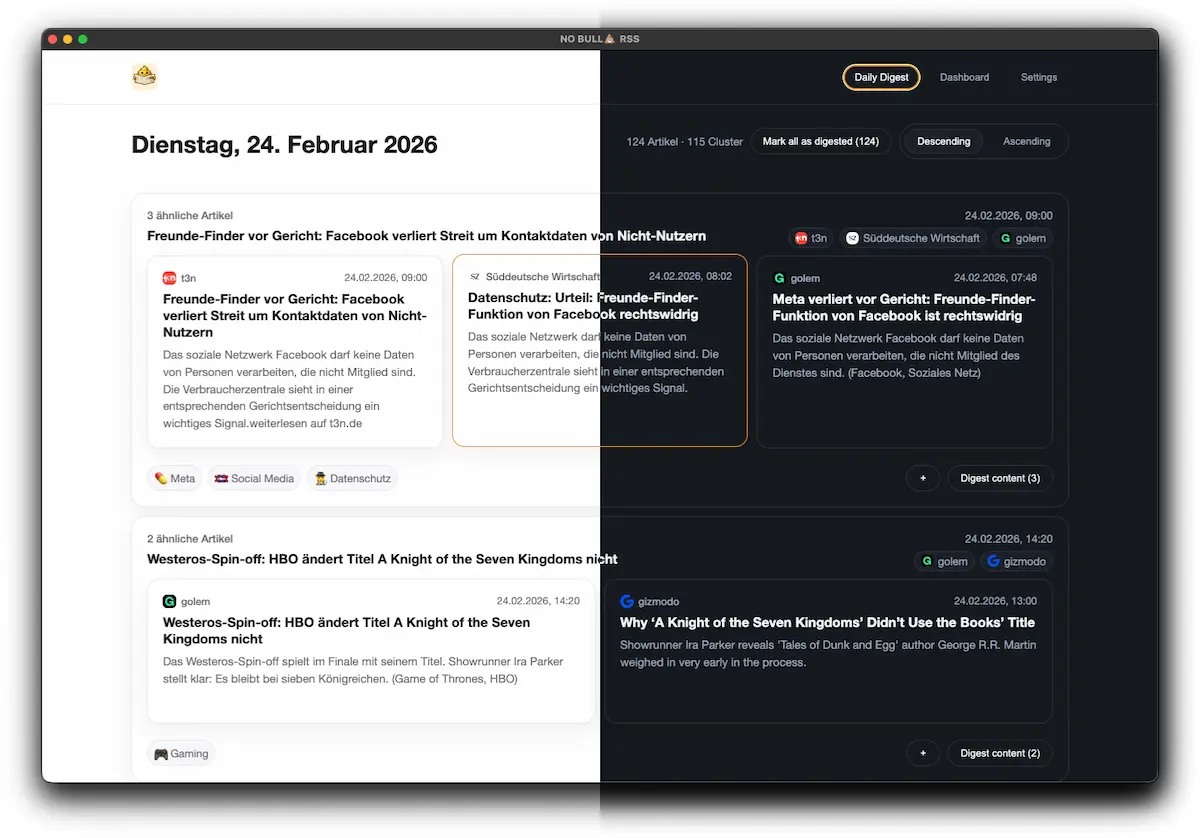 Digest mockup with light and dark mode side by side