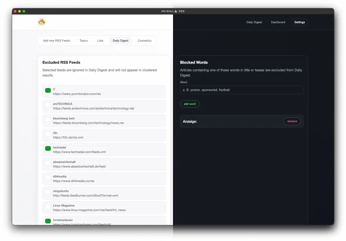 Digest settings mockup with light and dark mode side by side
