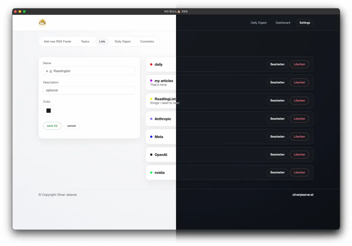List setup mockup with light and dark mode side by side