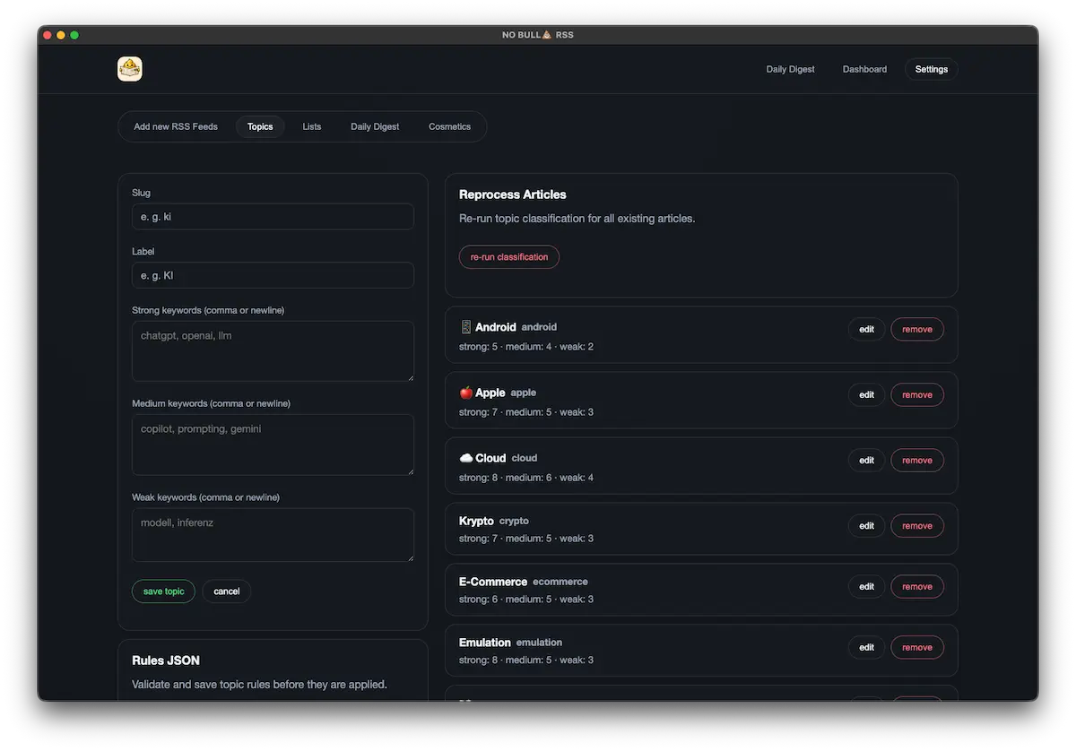 Topics setup mockup in dark mode