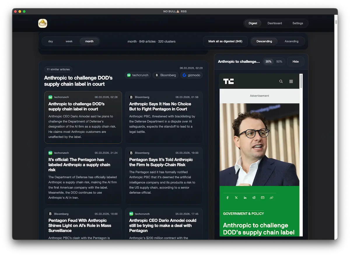 Digest view with article clusters and in-app browser